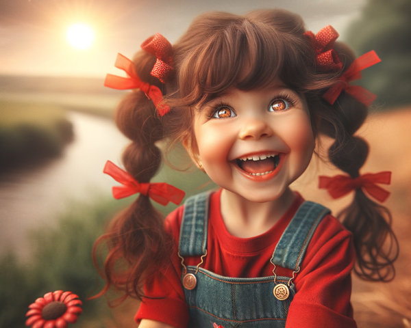 Cheerful Girl with Pigtails in Serene Landscape