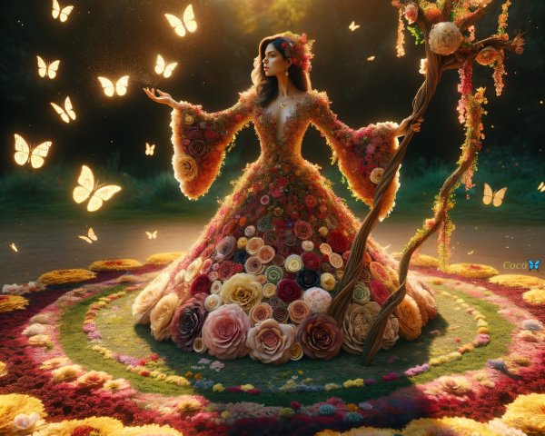 Majestic figure in flower dress with glowing butterflies