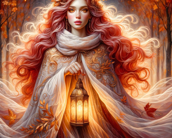 Mystical Figure in Enchanted Forest with Lantern