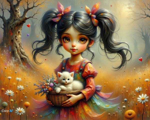 Whimsical Scene of a Girl with a Kitten in Autumn