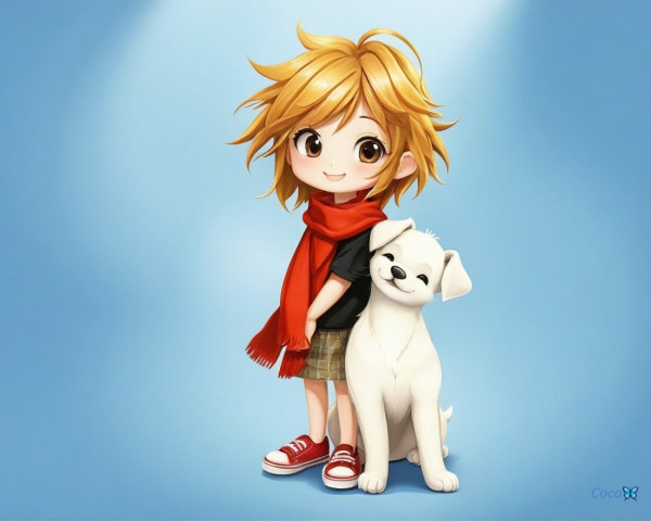 Cheerful Character with Dog Against Blue Background