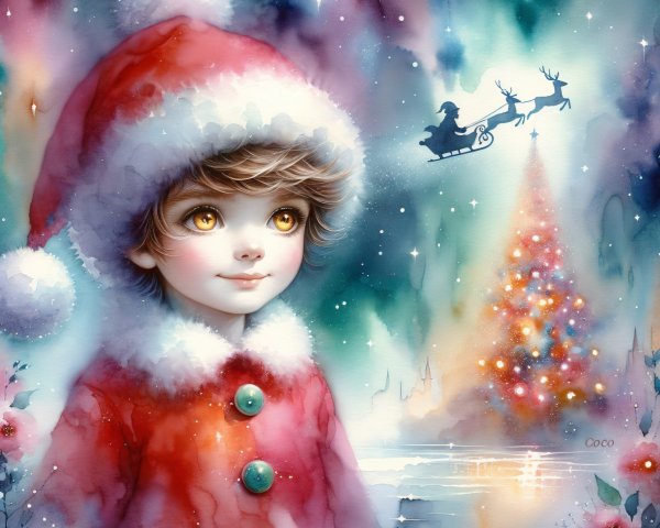 Watercolor Painting of Child in Christmas Scene