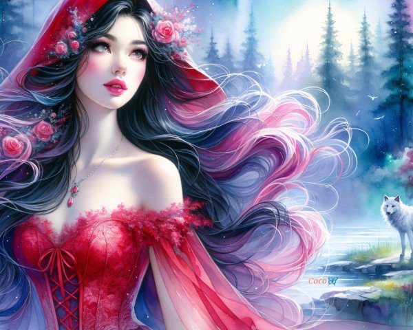 Ethereal Digital Painting of a Woman in Red Gown
