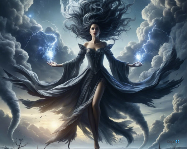 Mystical Figure Conjuring Lightning in Stormy Sky