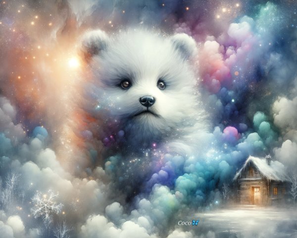 Dreamy Landscape with Bear Face and Snowy Cabin