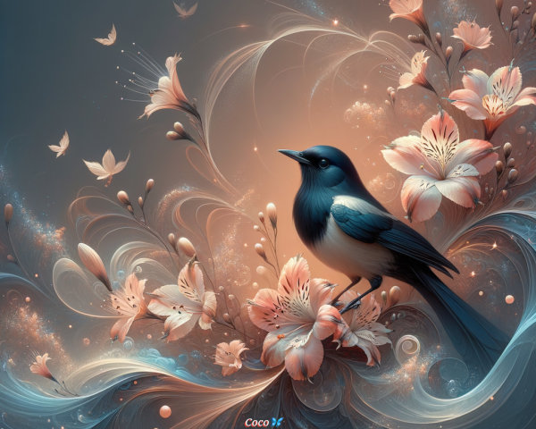 Illustration of a blue bird among pink flowers