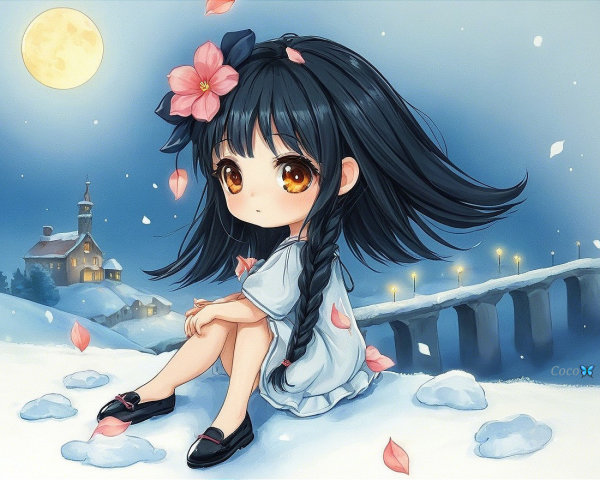 Anime girl in snowy landscape with pink flower