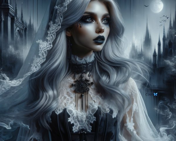 Gothic Figure with Silver Hair in Eerie Setting