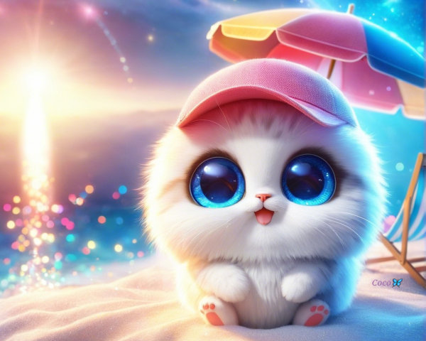 Fluffy Cat with Blue Eyes on a Beach at Sunset