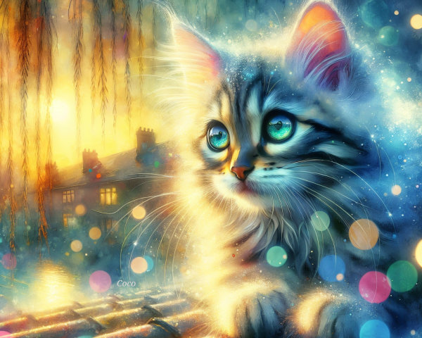 Fluffy Kitten in Dreamy Twilight Setting with Bokeh Lights