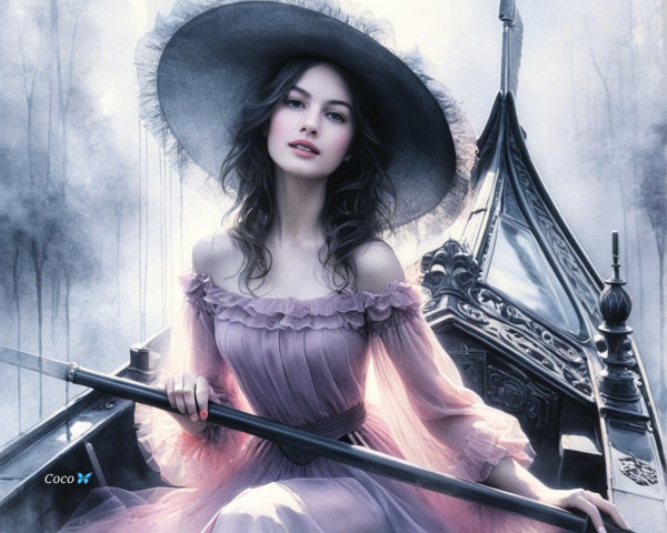 Young Woman in Lavender Gown Rowing a Gondola