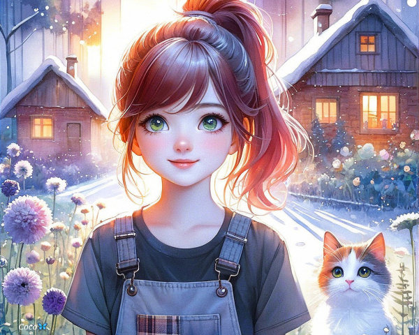 Young girl in snowy landscape with blooming flowers