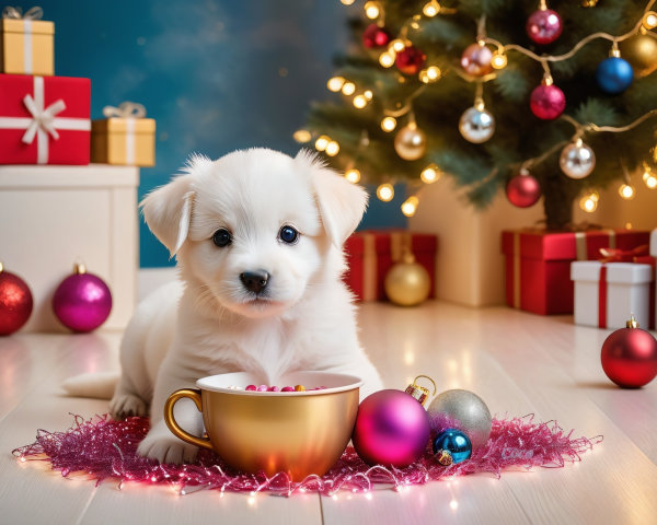 Fluffy White Puppy in Festive Holiday Setting