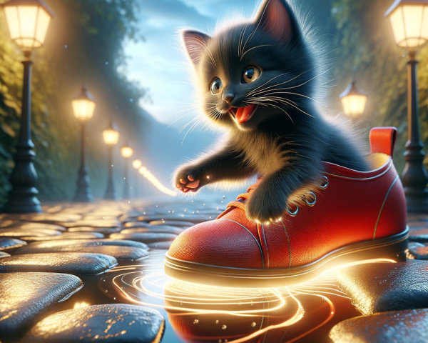 Playful Black Kitten and Red Sneaker in Puddle