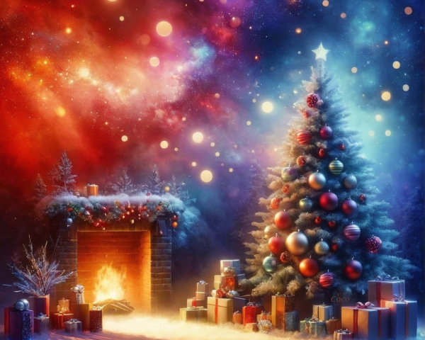 Decorated Christmas Tree with Cozy Fireplace Setting