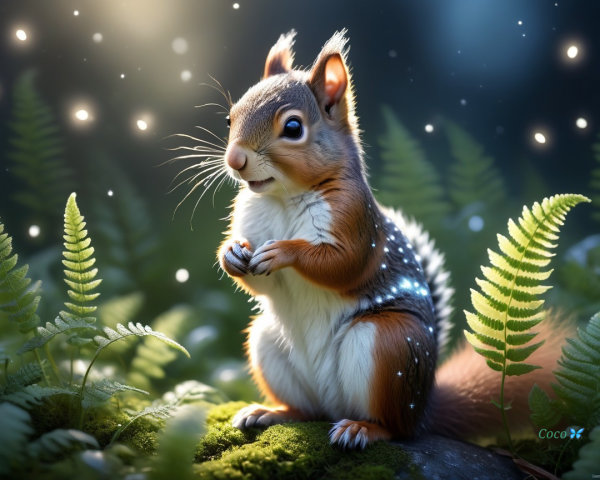 Whimsical Squirrel Surrounded by Lush Greenery