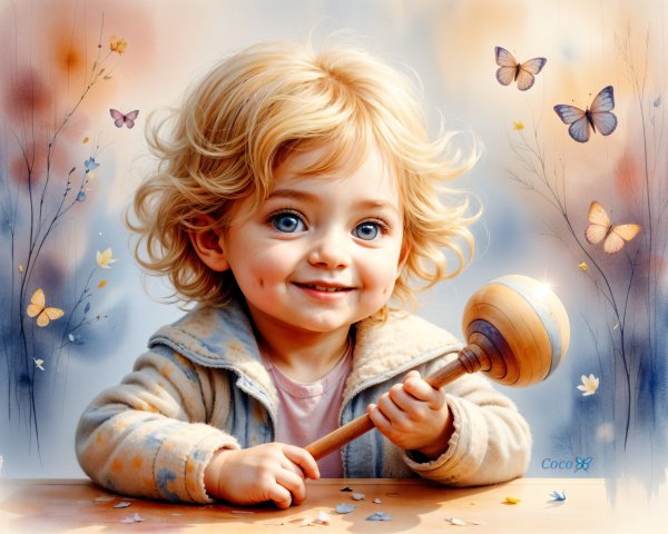 Cheerful Toddler with Rattle in Pastel Background