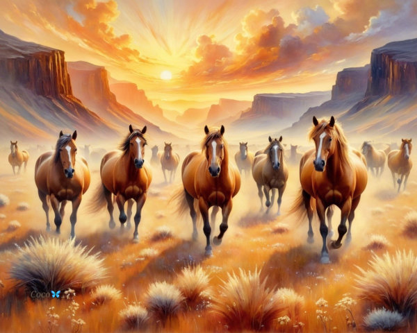 Chestnut Horses Galloping in Sunset Landscape