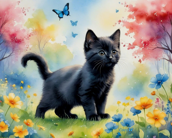 Black kitten in a whimsical landscape with flowers and butterflies