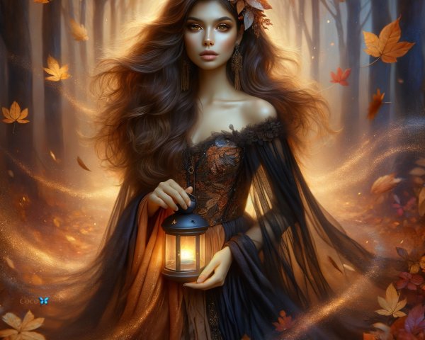 Mystical Forest Scene with Woman and Lantern