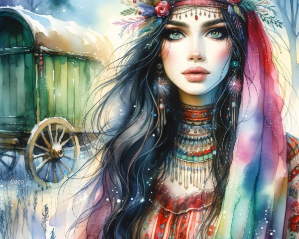 Young Woman in Traditional Dress with Winter Background