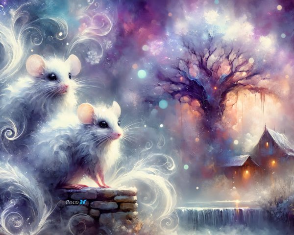 Fluffy White Mice in a Mystical Colorful Landscape