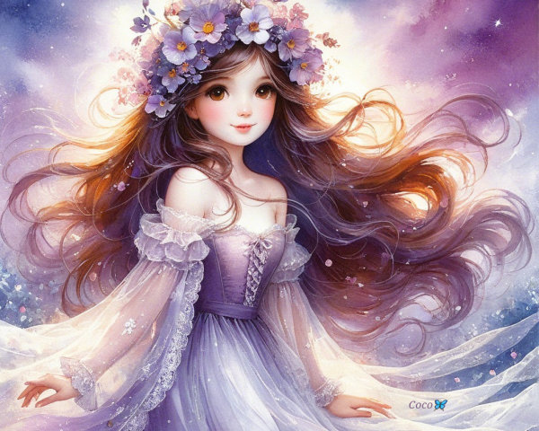 Fantasy Scene of a Woman in Lavender Gown and Floral Crown