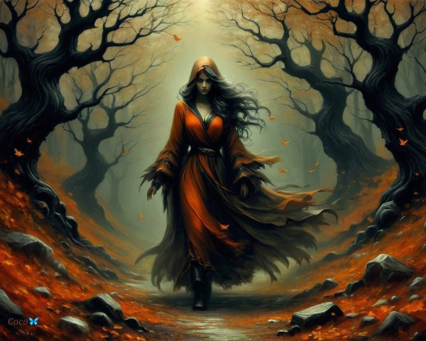 Mystical Forest Scene with Enigmatic Figure in Robe