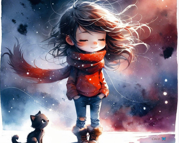 Cheerful girl in snowy landscape with playful black cat