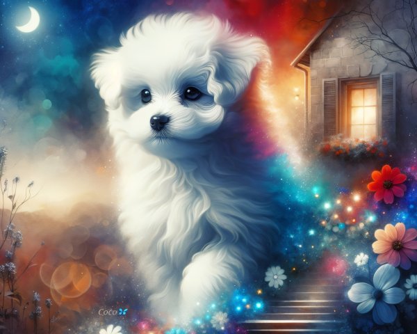 Whimsical Dreamy Scene with Fluffy White Puppy