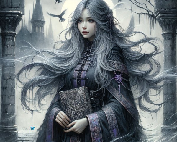 Mystical figure in dark landscape with ancient book