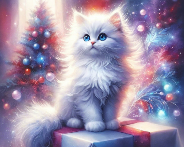 Fluffy white kitten on a gift with Christmas decorations