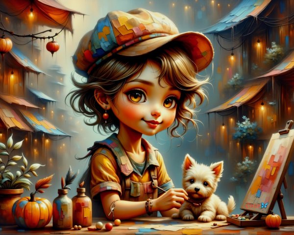 Young Girl Painting in Autumn Decorated Street