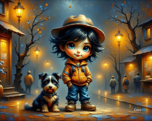 Whimsical Evening Scene with Child and Dog in Hoodie