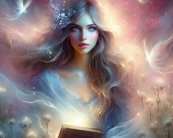 Mystical Woman with Ancient Book in Ethereal Landscape