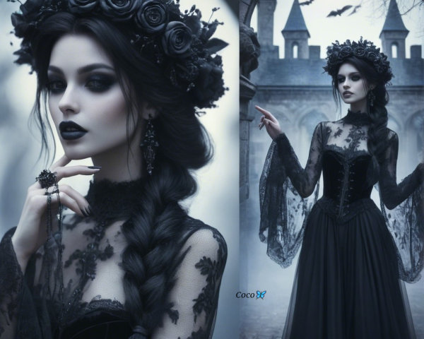 Gothic Landscape with Figure in Black Lace Gown