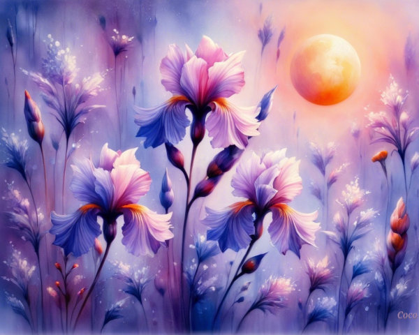 Dreamy Landscape with Irises and Pastel Sky