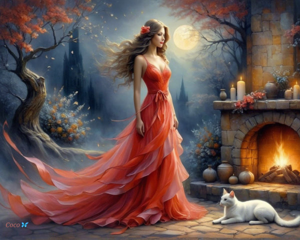 Woman in red gown by fireplace in mystical forest