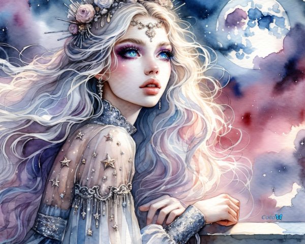 Celestial Figure in Sparkling Gown Under Moonlight