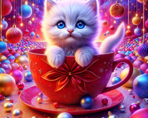 Fluffy White Kitten in Festive Red Cup with Ornaments