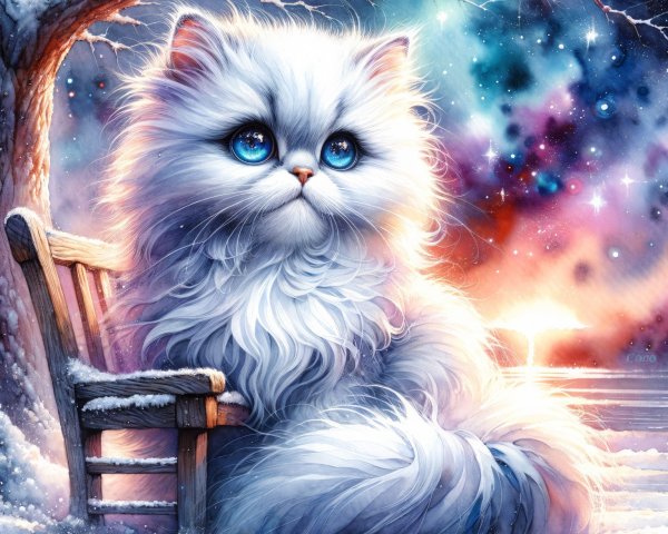 Fluffy White Cat in Snowy Landscape at Sunset