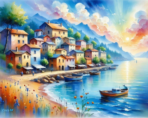 Charming Coastal Village with Colorful Houses and Boats