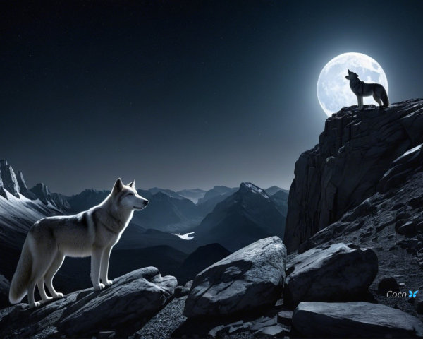 Wolves in a Moonlit Rocky Landscape at Night