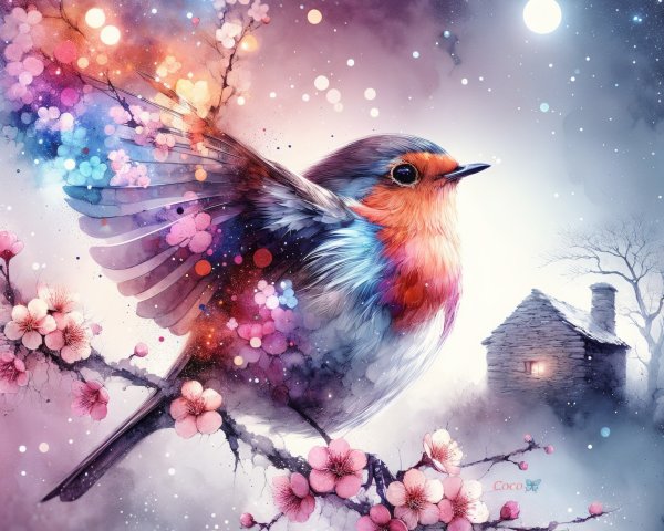 Colorful Bird on Blossoming Branch with Moonlit Cottage