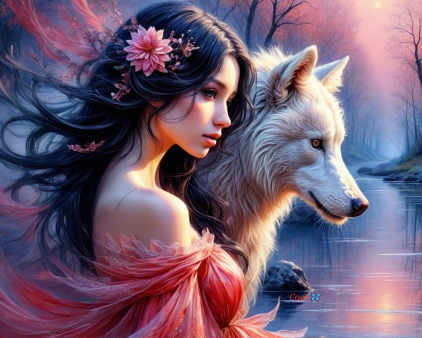 Serene scene of a woman and a white wolf by a river