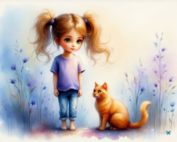 Youthful girl with pigtails and orange cat in flowers