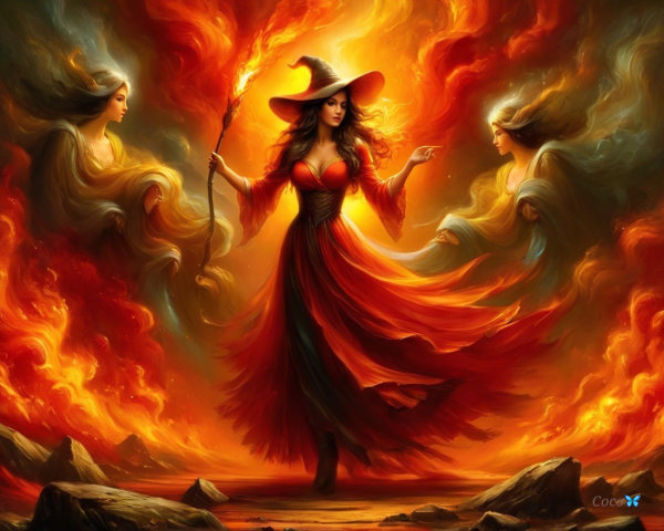 Powerful sorceress in flames with glowing staff and spirits