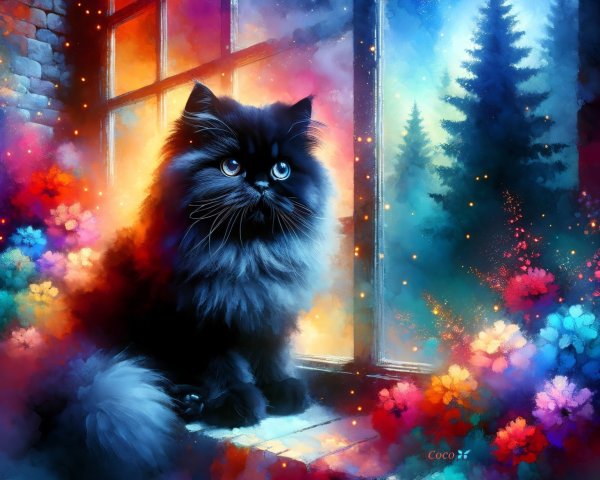 Fluffy Black Cat on Windowsill with Colorful Landscape