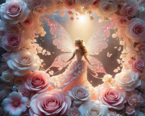 Fairy in Floral Arrangement with Translucent Wings