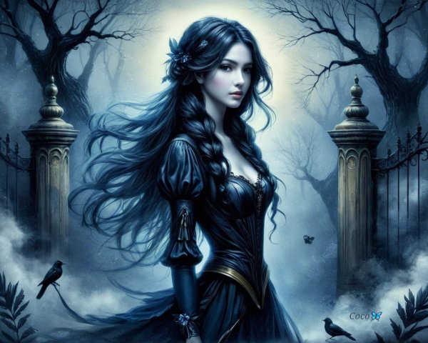 Hauntingly Beautiful Woman in Misty Twilight Landscape